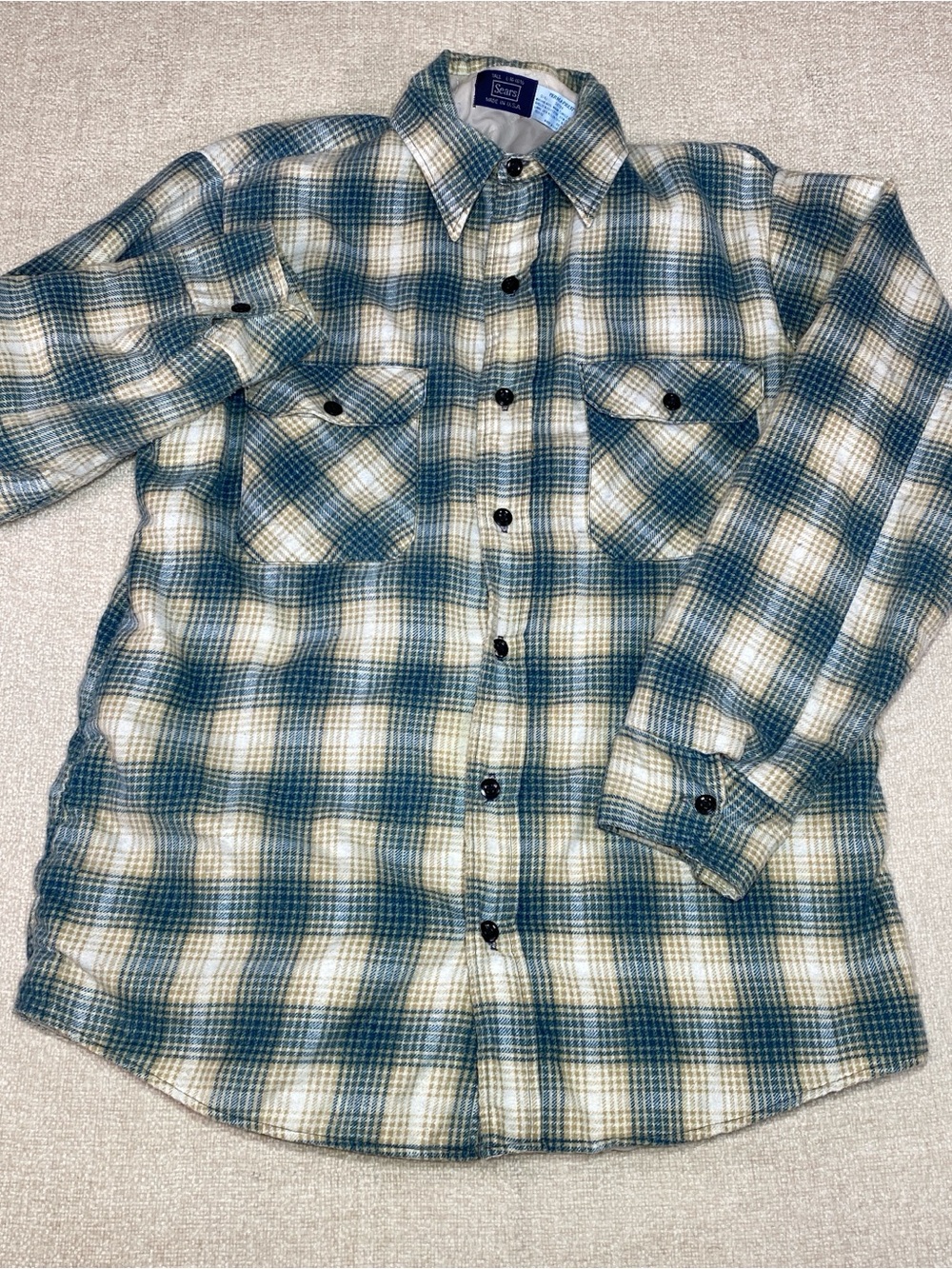 VTG Sears Quilted Lined Flannel Shirt Mens Tall L Blue Plaid Shacket USA *READ